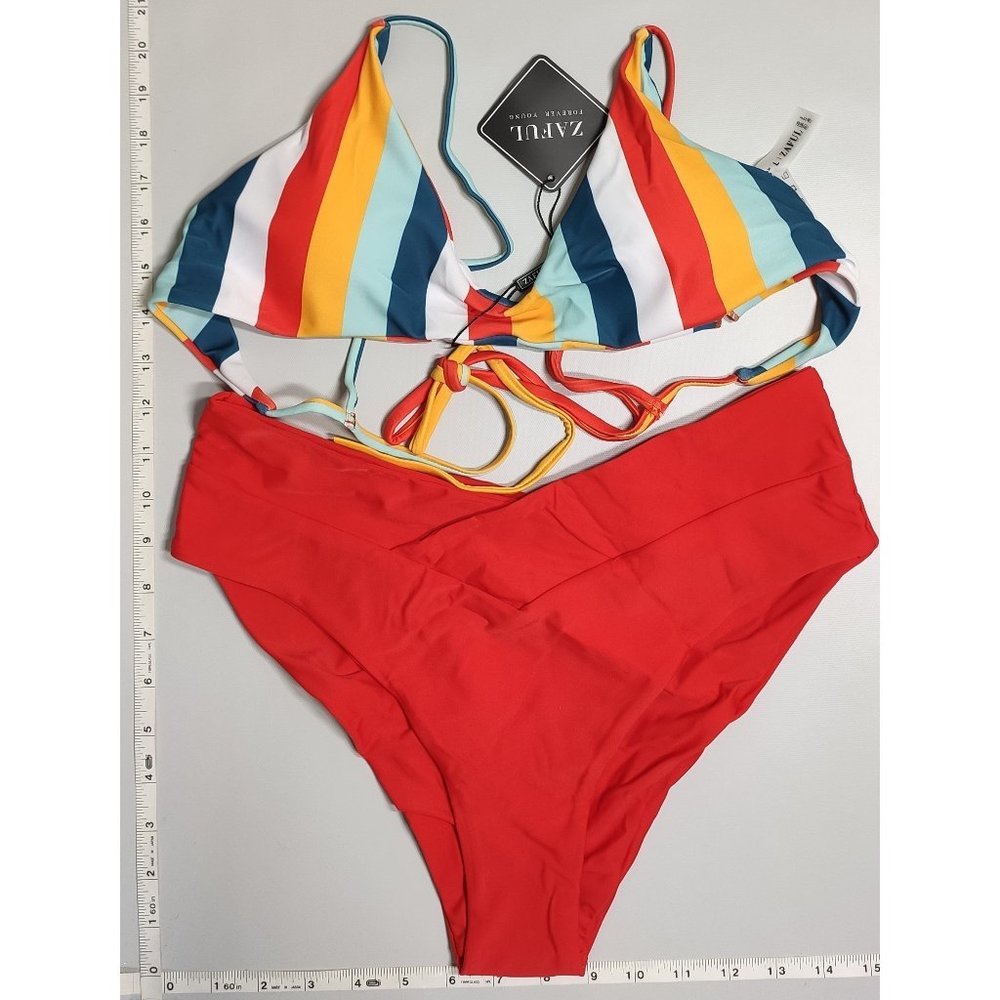 NWT ZAFUL Large Triangle High Waist Stripes and Red bikini set
